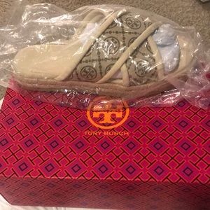 T MONOGRAM CROSS ESPADRILLE SLIDES